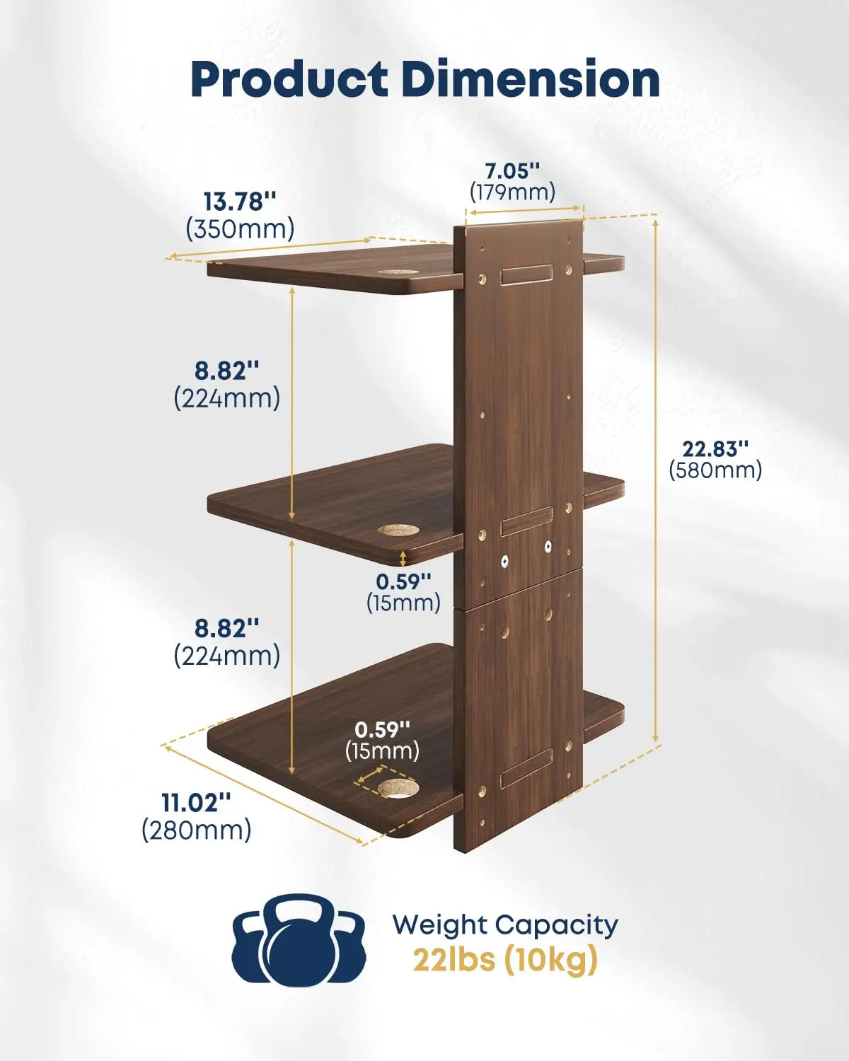 Floating Wall Mount TV Projector Shelf, 3-Tier Wooden, Walnut Brown, Cable Management, for Router, Game Console, DVD Player, Cable Box, PlayStation, Holds 22 lbs Per Shelf PUTORSEN