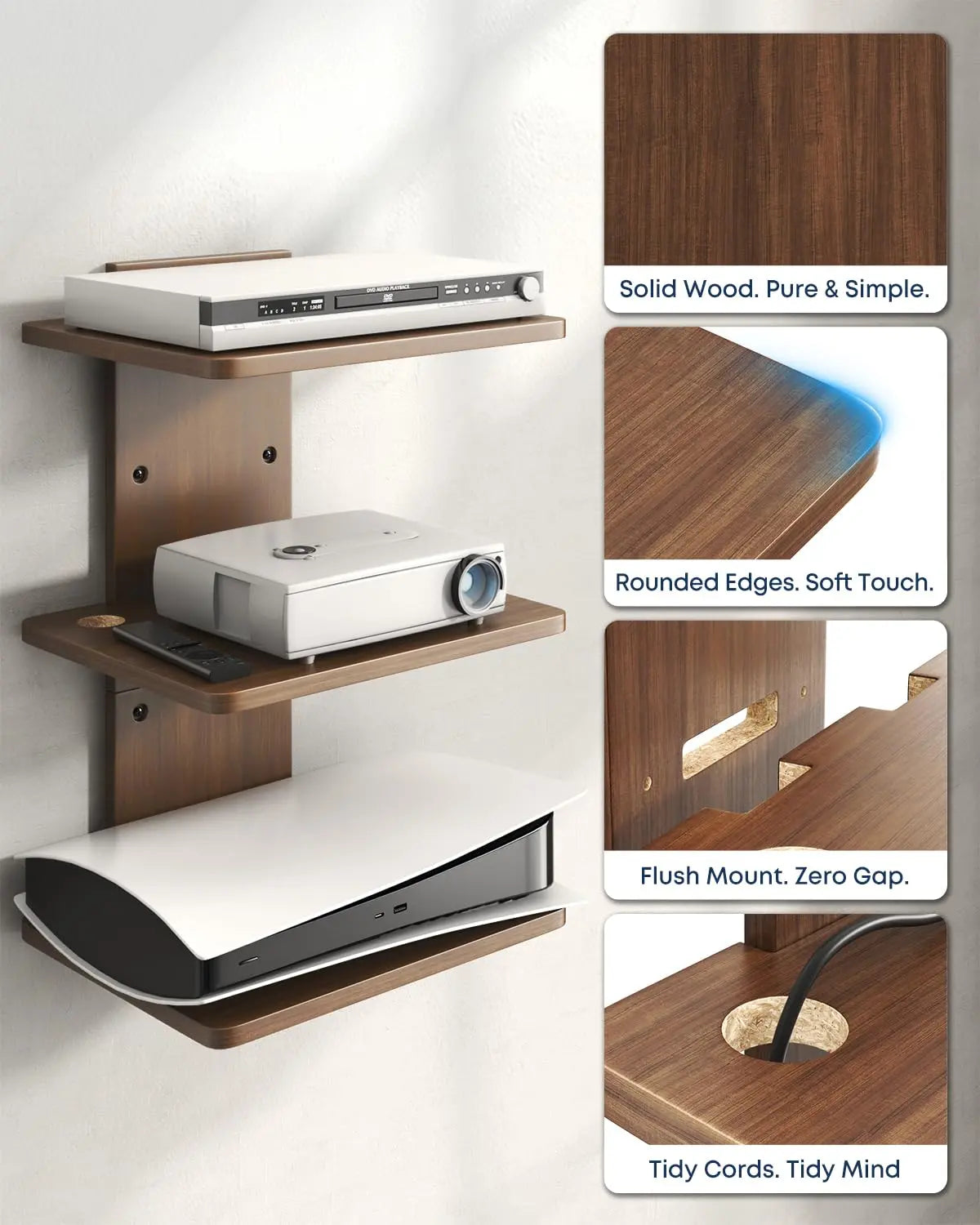Floating Wall Mount TV Projector Shelf, 3-Tier Wooden, Walnut Brown, Cable Management, for Router, Game Console, DVD Player, Cable Box, PlayStation, Holds 22 lbs Per Shelf PUTORSEN