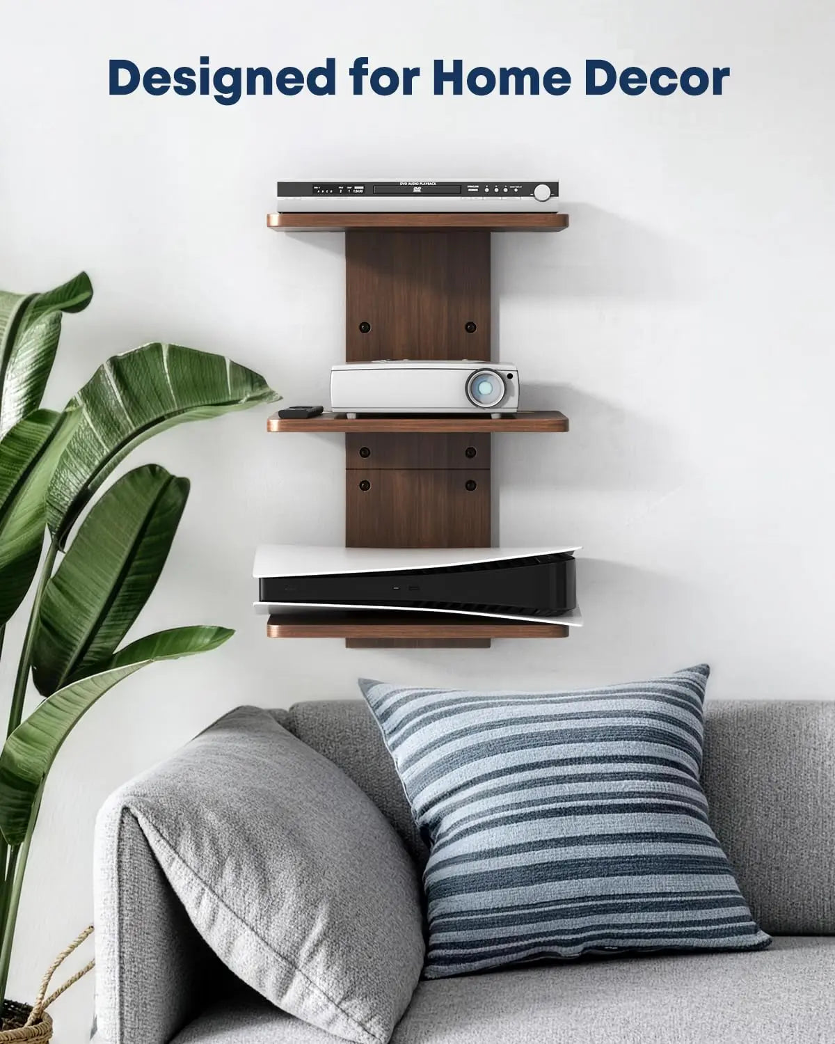 Floating Wall Mount TV Projector Shelf, 3-Tier Wooden, Walnut Brown, Cable Management, for Router, Game Console, DVD Player, Cable Box, PlayStation, Holds 22 lbs Per Shelf PUTORSEN