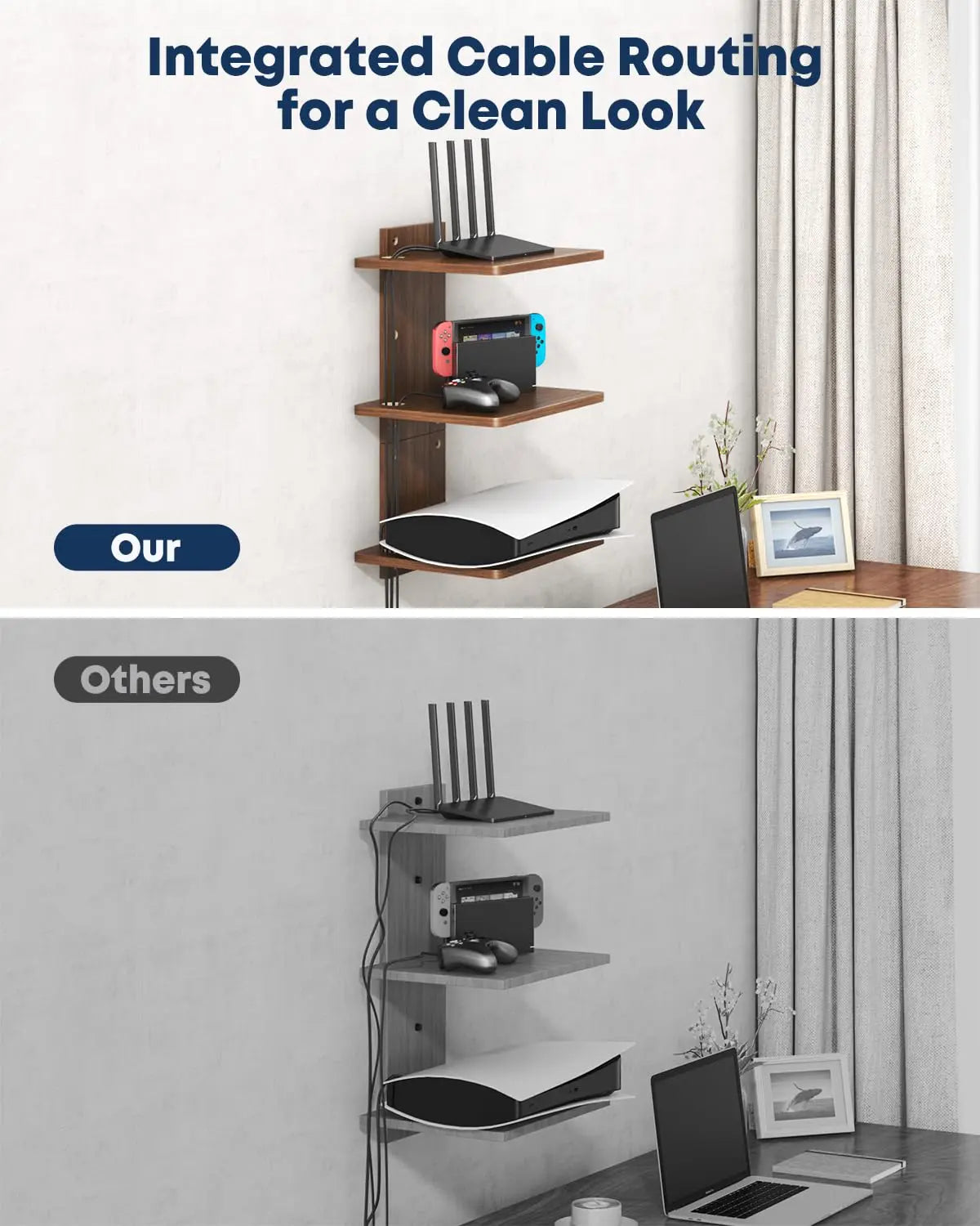 Floating Wall Mount TV Projector Shelf, 3-Tier Wooden, Walnut Brown, Cable Management, for Router, Game Console, DVD Player, Cable Box, PlayStation, Holds 22 lbs Per Shelf PUTORSEN