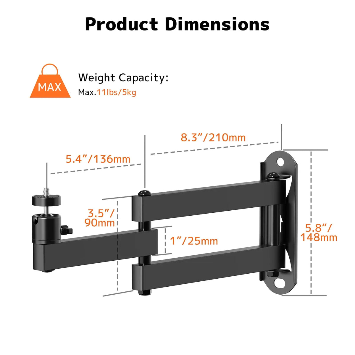 Foldable Projector Wall Mount | Compatible with 1/4", M4 & M6 Screws, 360° Rotatable Full-Motion Space-Saving Arm, Heavy-Duty Support for Most Projectors up to 11 lbs, Universal Wall Bracket for Home Theater & Office PUTORSEN