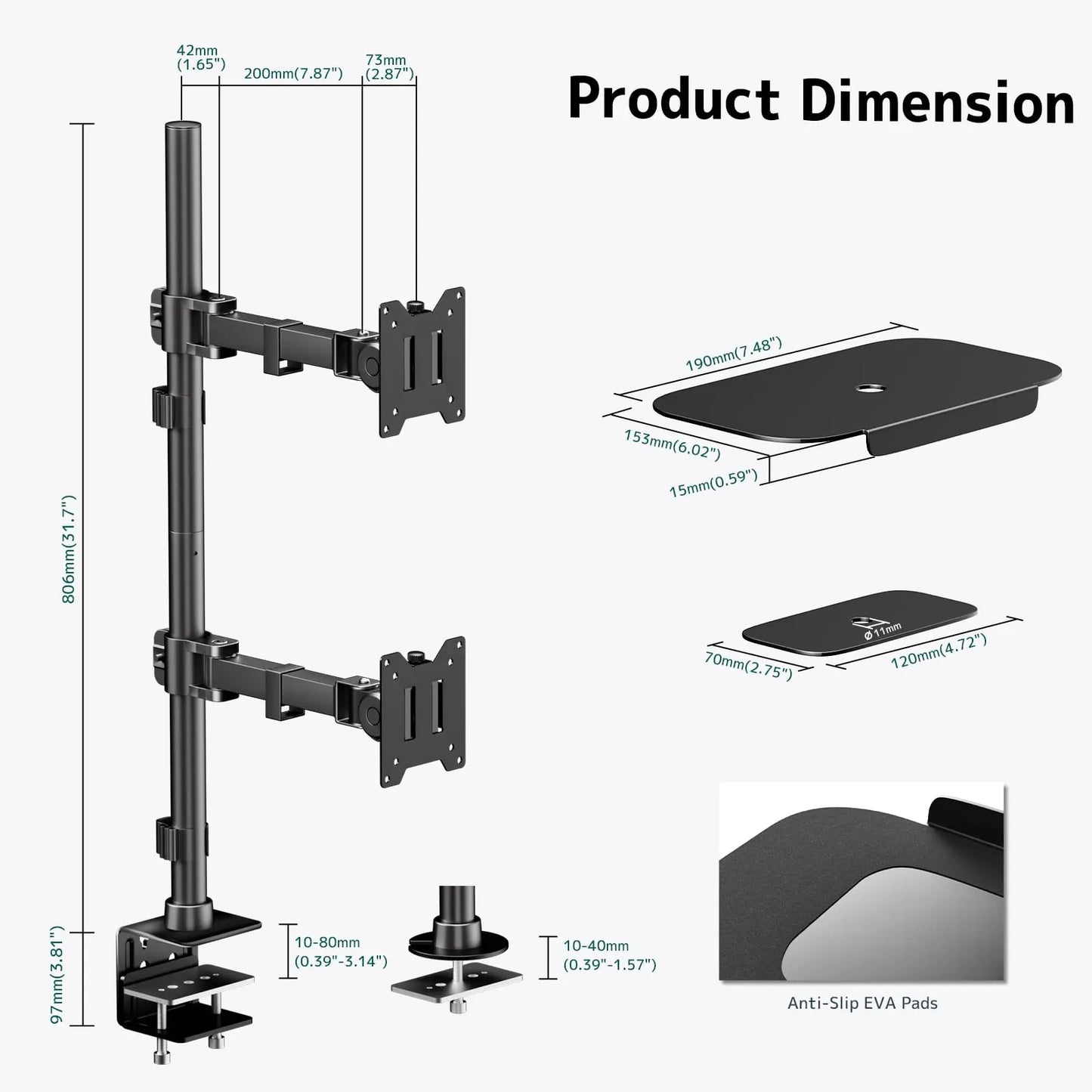 Fully Articulating Desk Mount for 17″–49″ Flat & Curved Screens, Supports 44lbs Each, Black PUTORSEN