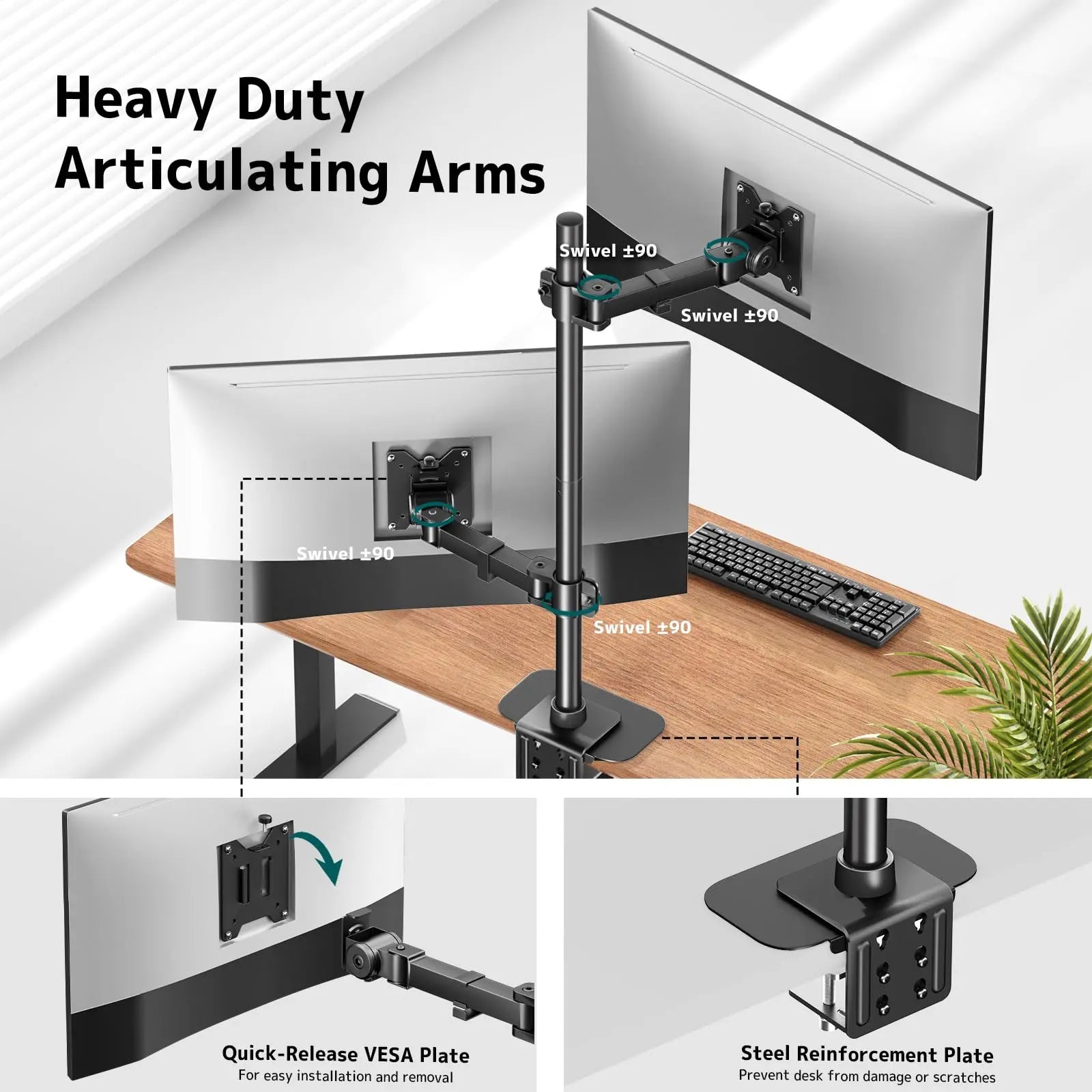 Fully Articulating Desk Mount for 17″–49″ Flat & Curved Screens, Supports 44lbs Each, Black PUTORSEN