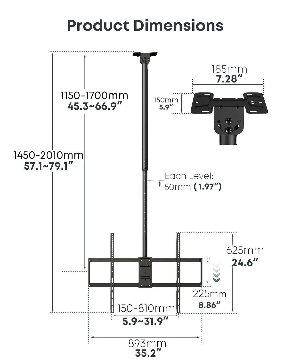 Heavy-Duty Ceiling TV Mount for 50"–100" Televisions, Supports Up to 176 lbs, Fully Adjustable, Premium Metal Construction, Max VESA 800x600mm, Black PUTORSEN