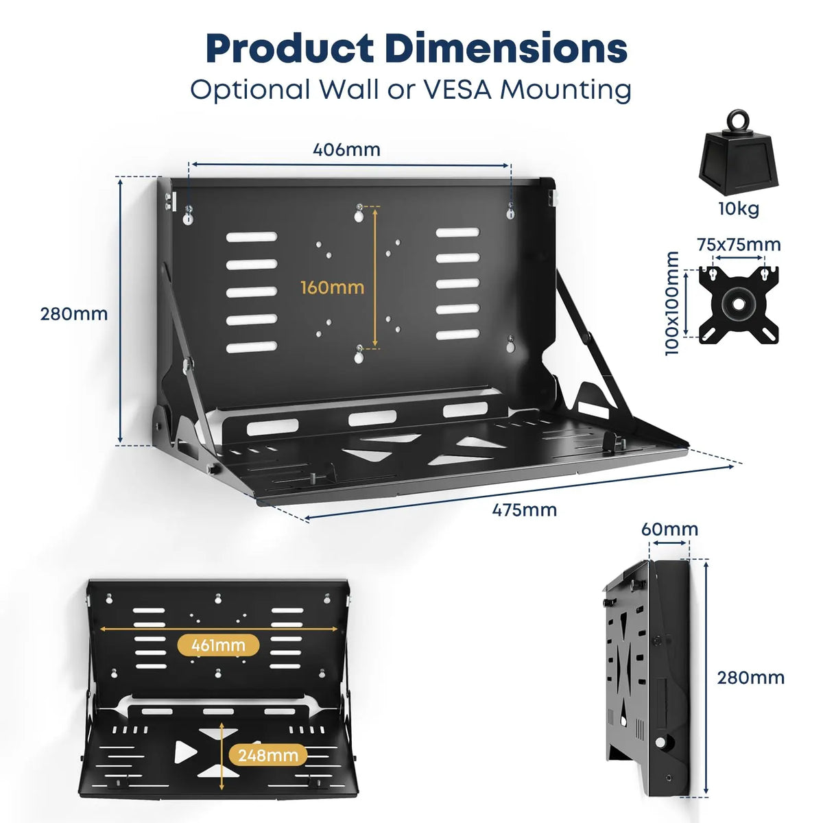 Klappbare Laptop-Wandhalterung für 13–17" Notebooks, Schwarz Wandmontage & VESA 75x75/100x100, platzsparende Stahlhalterung, bis 10 kg belastbar PUTORSEN