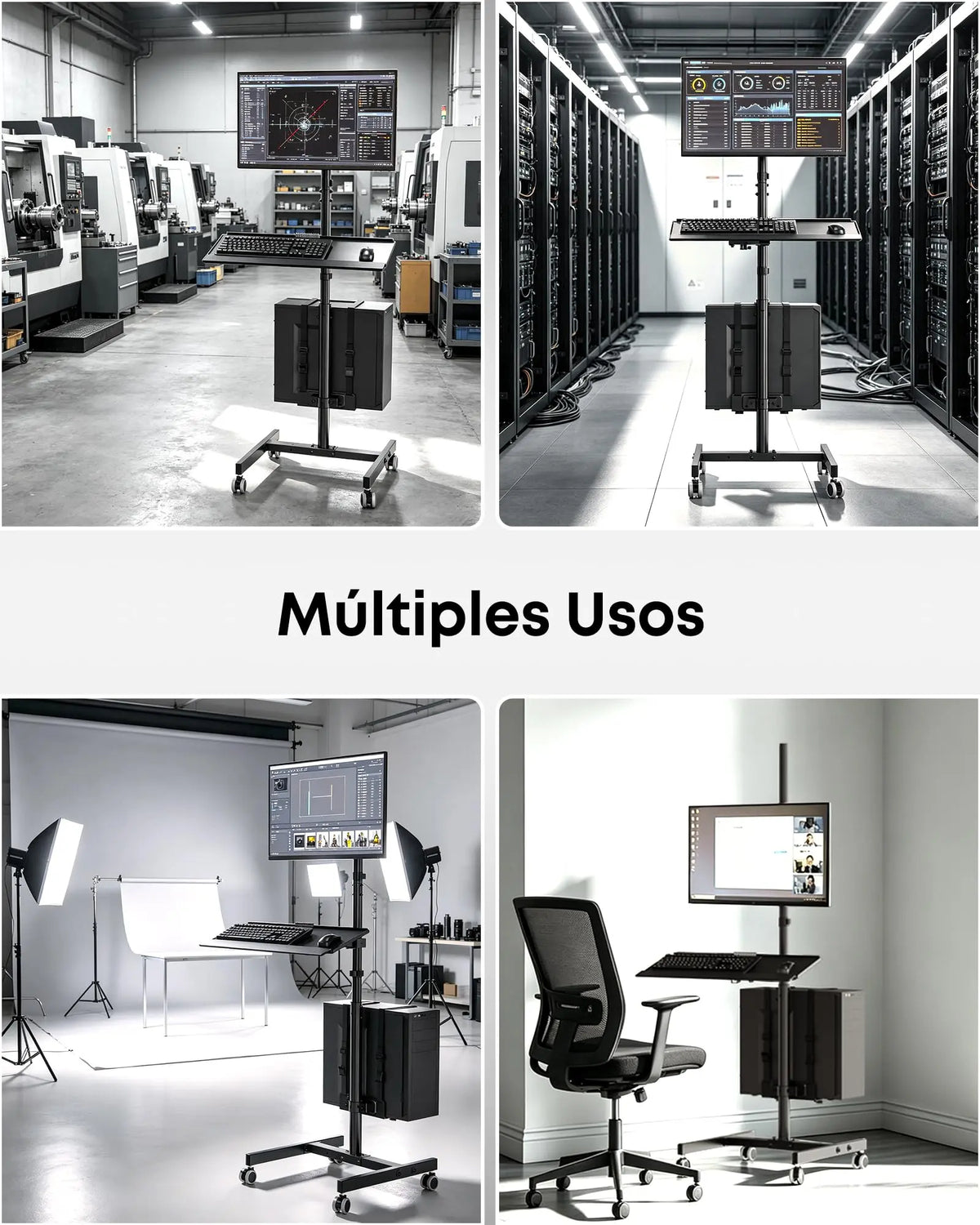 Mobile Computer Cart with Monitor Mount for 17''-32” Screens, Rolling Workstation, Adjustable CPU Holder, Full Keyboard Tray, Black PUTORSEN