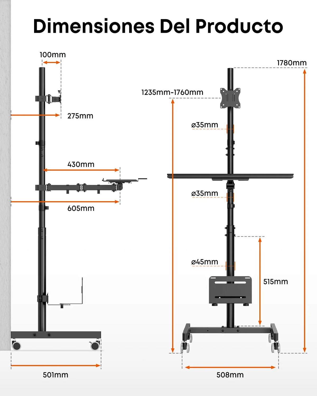 Mobile Computer Cart with Monitor Mount for 17''-32” Screens, Rolling Workstation, Adjustable CPU Holder, Full Keyboard Tray, Black PUTORSEN
