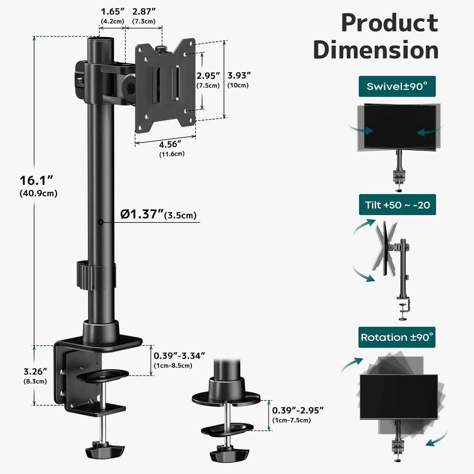 Monitor Arm Ultrawide Heavy Duty 17-49 Inch - Single Monitor Mount holds up to 44lbs, Adjustable Desk Mount Stand, VESA75/100mm, Black PUTORSEN