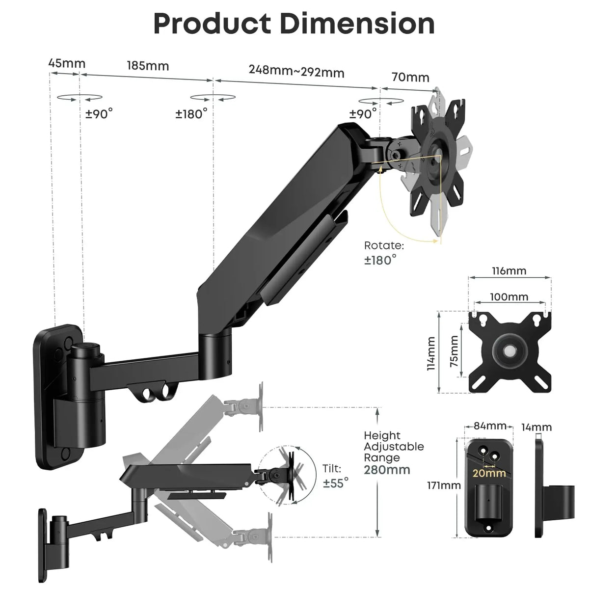 Monitor-Wandhalterung für 17–45", bis 16 kg, Gasdruckfeder PUTORSEN