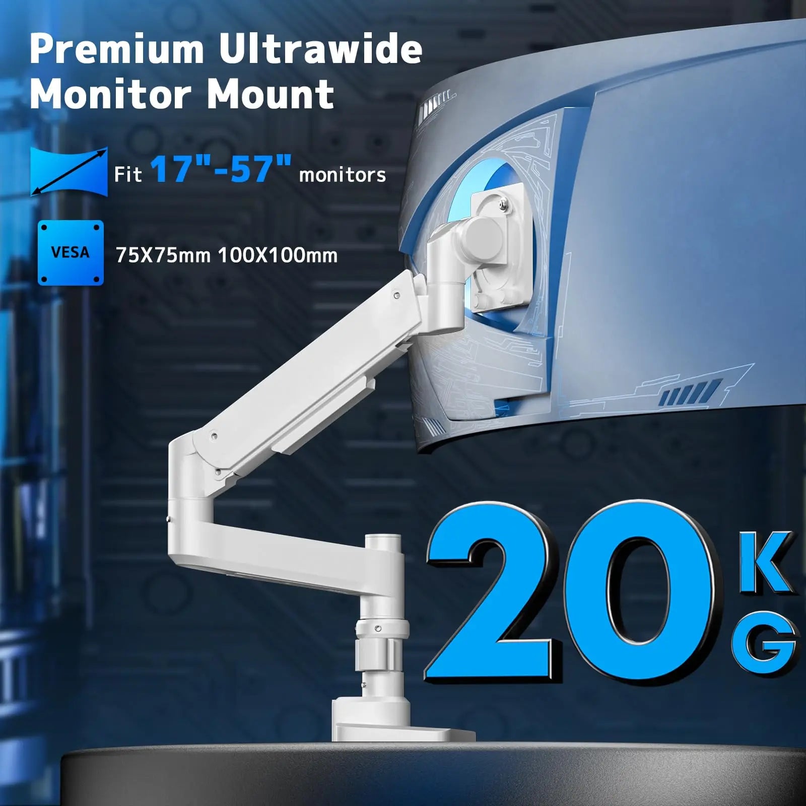 Monitor mount 1 monitors for 17-57 inch flat & curved screen, gas spring monitor desk mount height adjustable tiltable swivel, weight capacity 2-20 kg per arm, white PUTORSEN