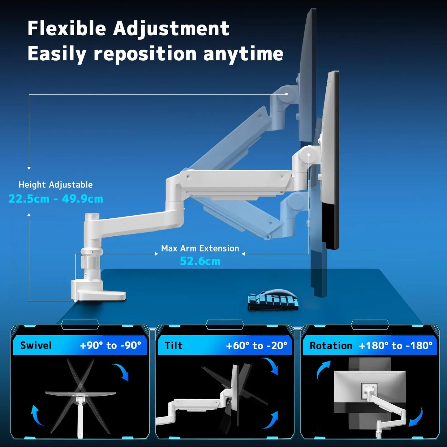 Monitor mount 1 monitors for 17-57 inch flat & curved screen, gas spring monitor desk mount height adjustable tiltable swivel, weight capacity 2-20 kg per arm, white PUTORSEN