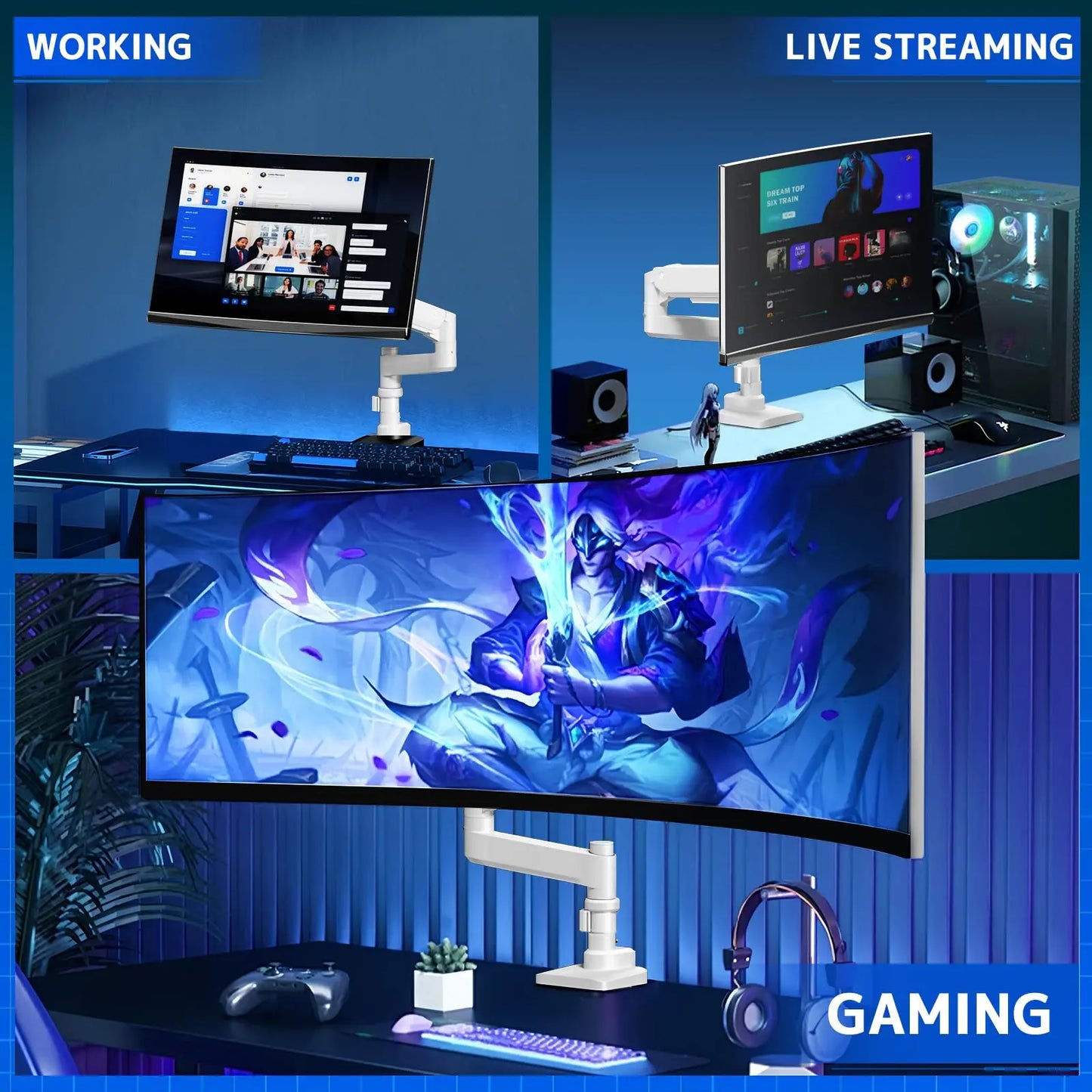 Monitor mount 1 monitors for 17-57 inch flat & curved screen, gas spring monitor desk mount height adjustable tiltable swivel, weight capacity 2-20 kg per arm, white PUTORSEN