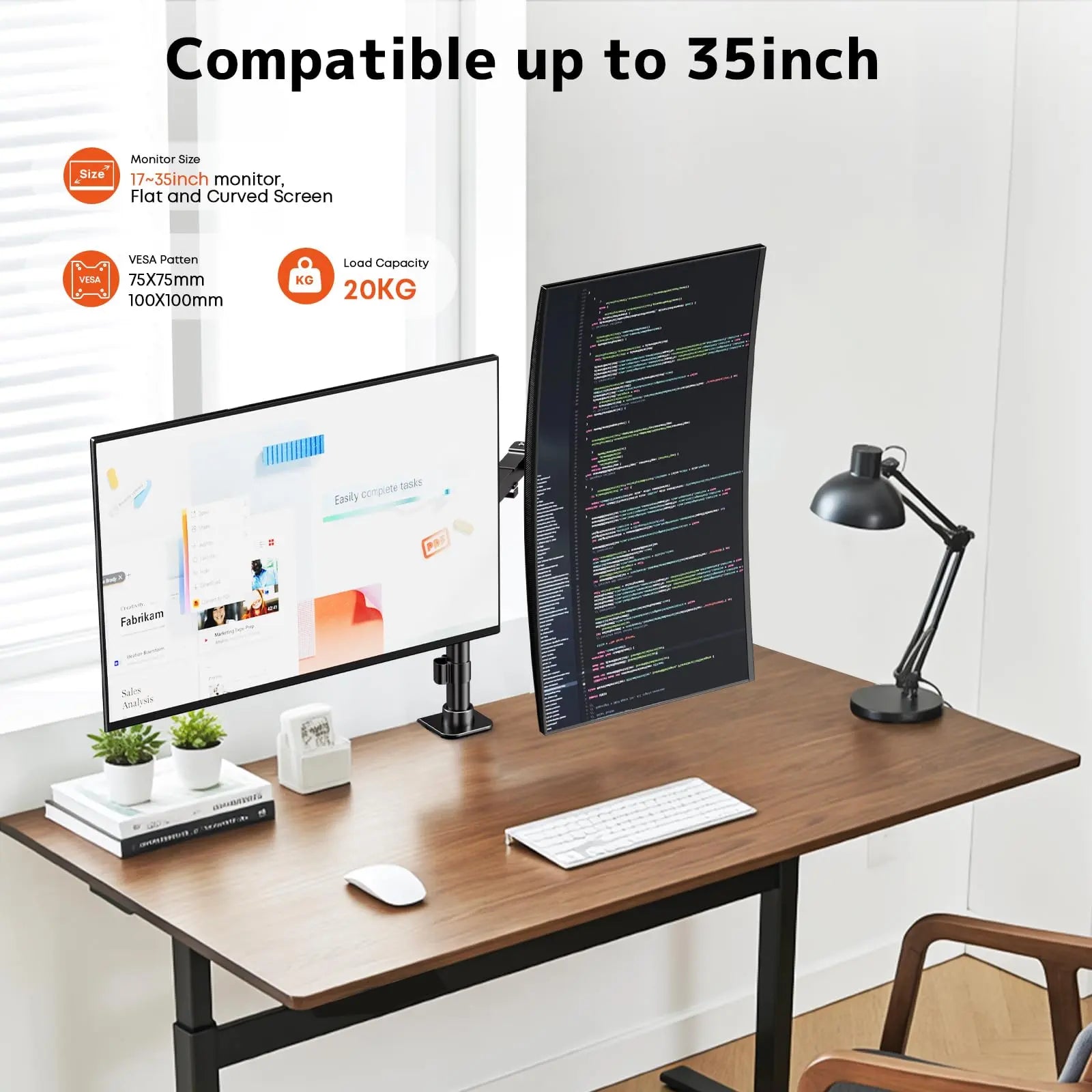 Monitor mount 2 monitors for 17-35 inch flat & curved screen, tilt, swivel and rotatable monitor desk mount, 20 kg per arm, VESA 75x75 / 100x100 PUTORSEN