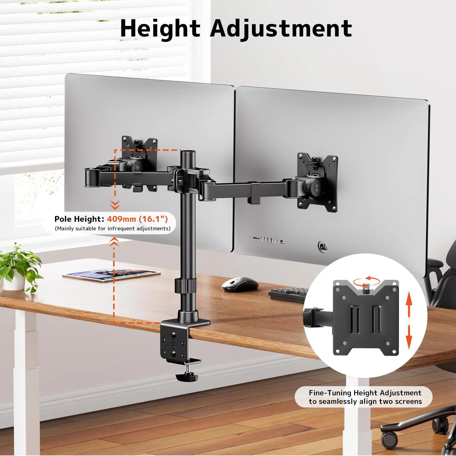 Monitor mount 2 monitors for 17-35 inch flat & curved screen, tilt, swivel and rotatable monitor desk mount, 20 kg per arm, VESA 75x75 / 100x100 PUTORSEN