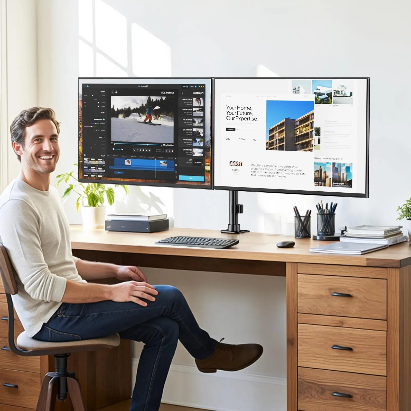 Monitor mount 2 monitors for 17-35 inch flat & curved screen, tilt, swivel and rotatable monitor desk mount, 20 kg per arm, VESA 75x75 / 100x100 PUTORSEN