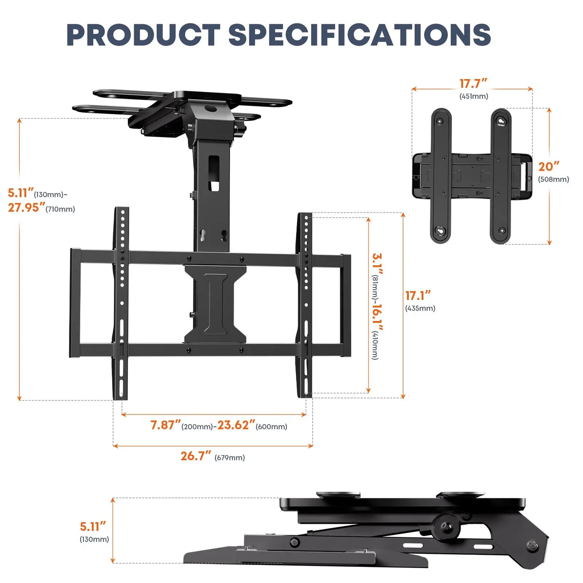 Motorised Flip Down Ceiling TV Bracket with Remote for 37-75'' TVs, Black Space Saving & Adjustable, Fits Flat/Pitched Roof, Electric TV Mount, Max VESA 600x400 mm, Max 45kg PUTORSEN