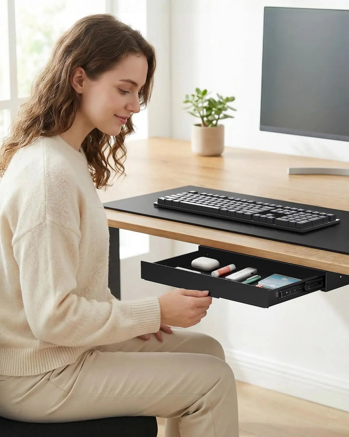 PUTORSEN 14.8" Under Desk Storage Drawer, Smooth Slide-Out Organizer for Standing Desk & Home Office, 17.6 lbs Max Load, Quiet Glide, Black PUTORSEN