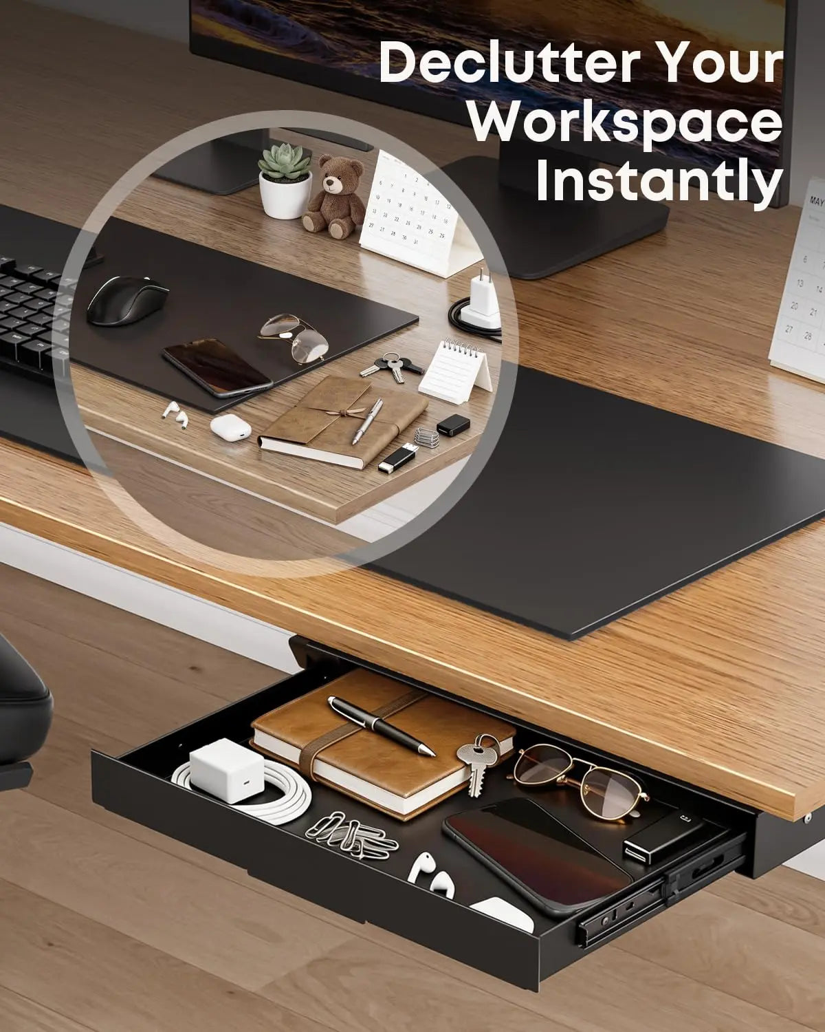PUTORSEN 14.8" Under Desk Storage Drawer, Smooth Slide-Out Organizer for Standing Desk & Home Office, 17.6 lbs Max Load, Quiet Glide, Black PUTORSEN