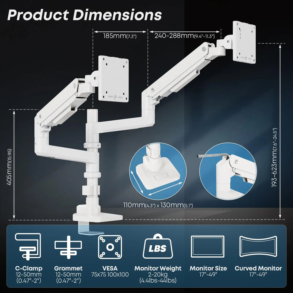 PUTORSEN 17-49 inch Premium Heavy Duty Dual Monitor Arm for Ultrawide Screens up to 44lbs, Vertically Stacked Monitor Desk Mount, Fully Adjustable, VESA 75/100 PUTORSEN
