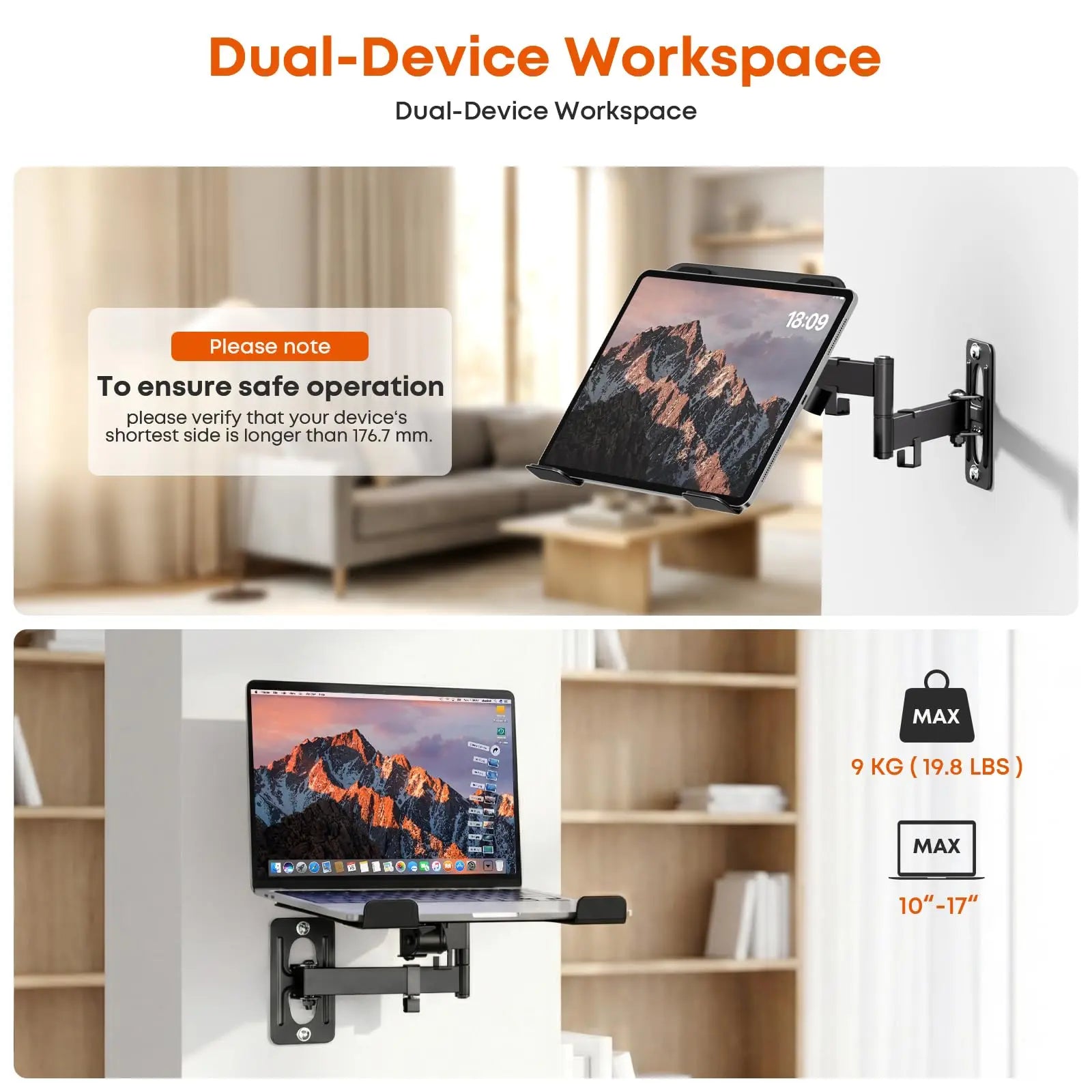 PUTORSEN 2-in-1 Laptop Wall Mount, Adjustable Arm for 10-17 Inch Notebook & Screens Under 32", Holds 4.4-19.8 lbs (Black) PUTORSEN