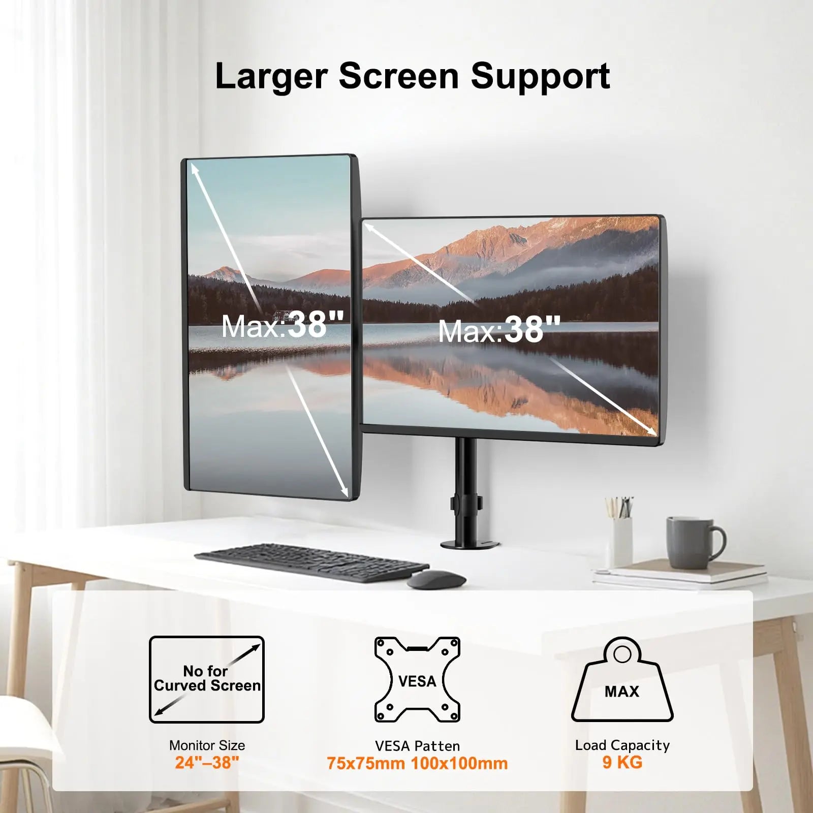 PUTORSEN 24~38 Zoll Monitor Halterung 2 Monitore, Adjustable VESA Slide Bildschirmhalterung 2 Monitore, 9kg pro Arm PUTORSEN