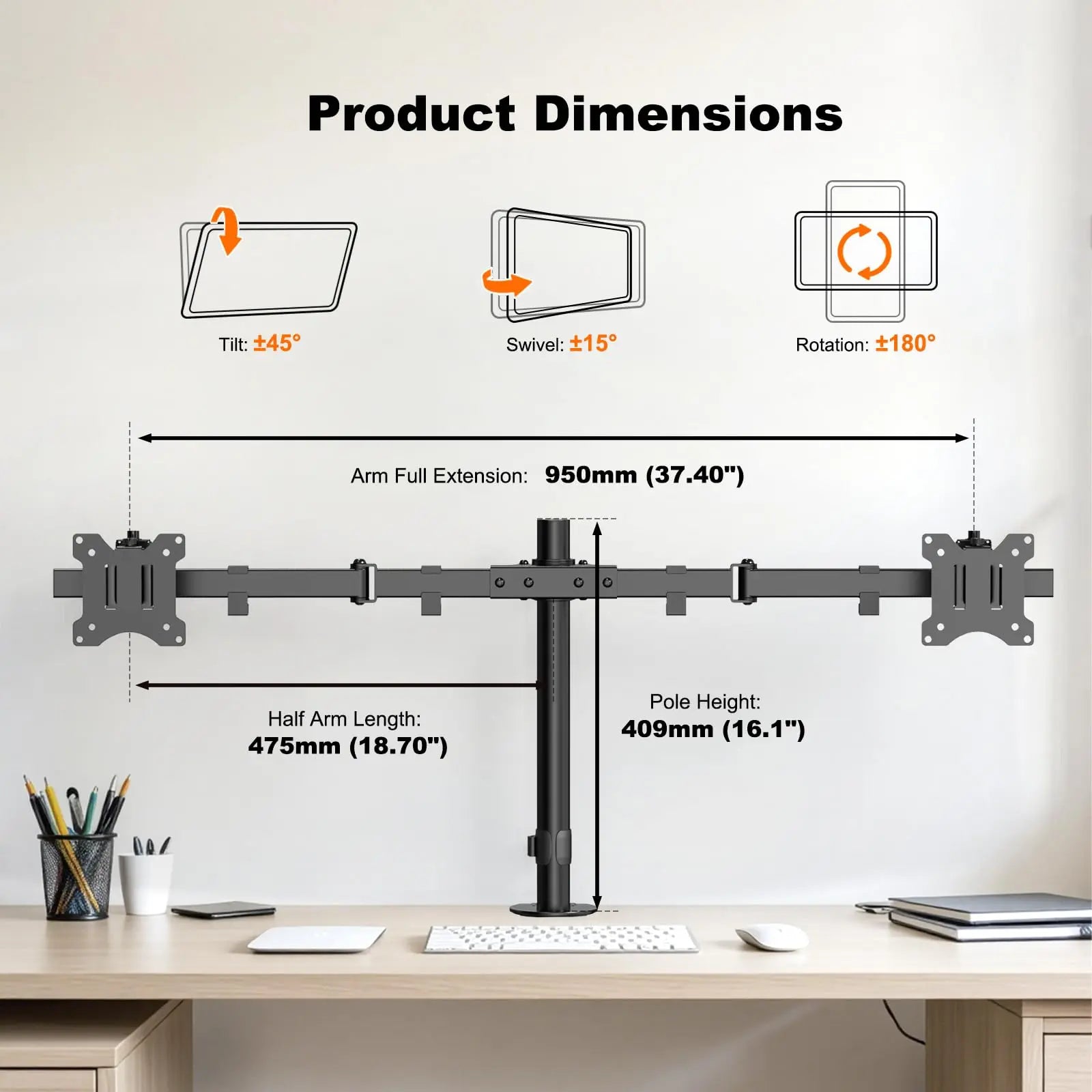 PUTORSEN 24~38 Zoll Monitor Halterung 2 Monitore, Adjustable VESA Slide Bildschirmhalterung 2 Monitore, 9kg pro Arm PUTORSEN