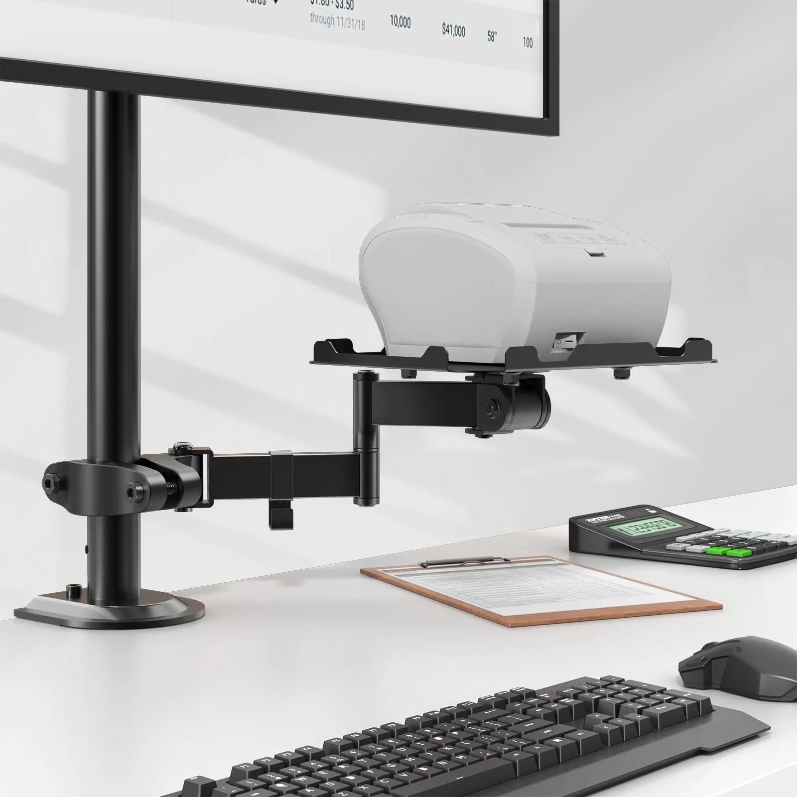 PUTORSEN Adjustable Pole Mount Printer Stand，Printer Pole Mount with 7.2x9.2 Inch Storage Tray for Thermal Printers, Full Motion Arm Holds 11 lbs PUTORSEN