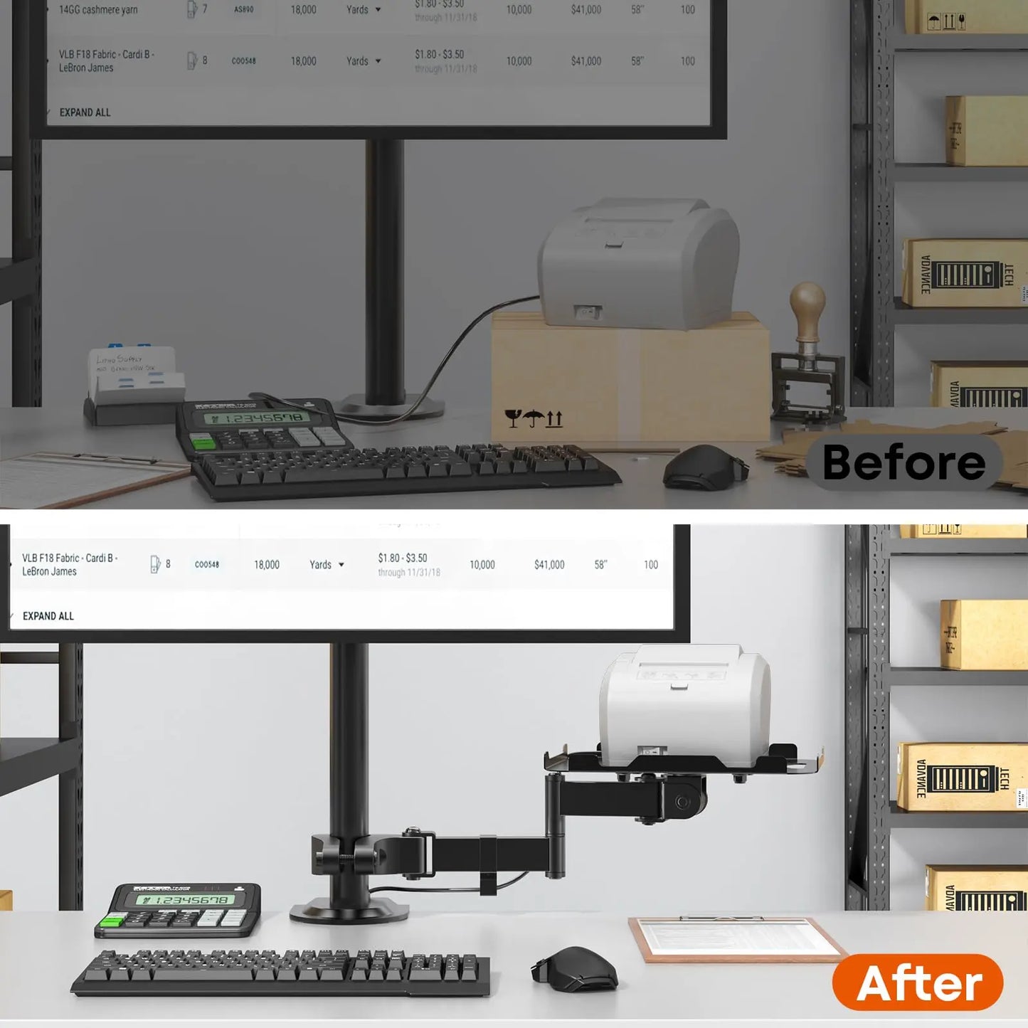 PUTORSEN Adjustable Pole Mount Printer Stand，Printer Pole Mount with 7.2x9.2 Inch Storage Tray for Thermal Printers, Full Motion Arm Holds 11 lbs PUTORSEN