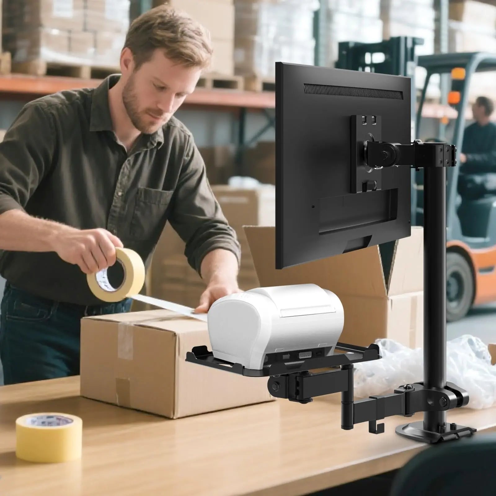 PUTORSEN Adjustable Pole Mount Printer Stand，Printer Pole Mount with 7.2x9.2 Inch Storage Tray for Thermal Printers, Full Motion Arm Holds 11 lbs PUTORSEN