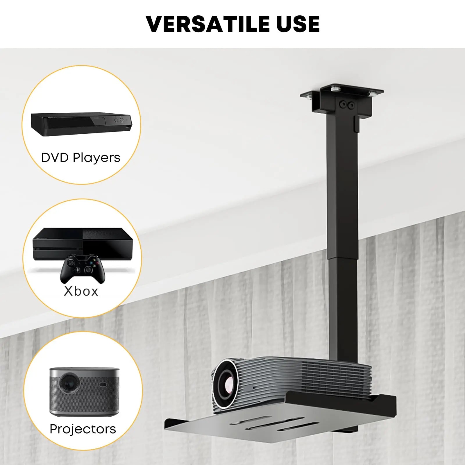 PUTORSEN Adjustable Projector Ceiling Mount,Universal Projector Shelf for Ceiling and Wall, Holds up to 22lbs，No Hole Installation, Hidden Cable Routing, Black PUTORSEN