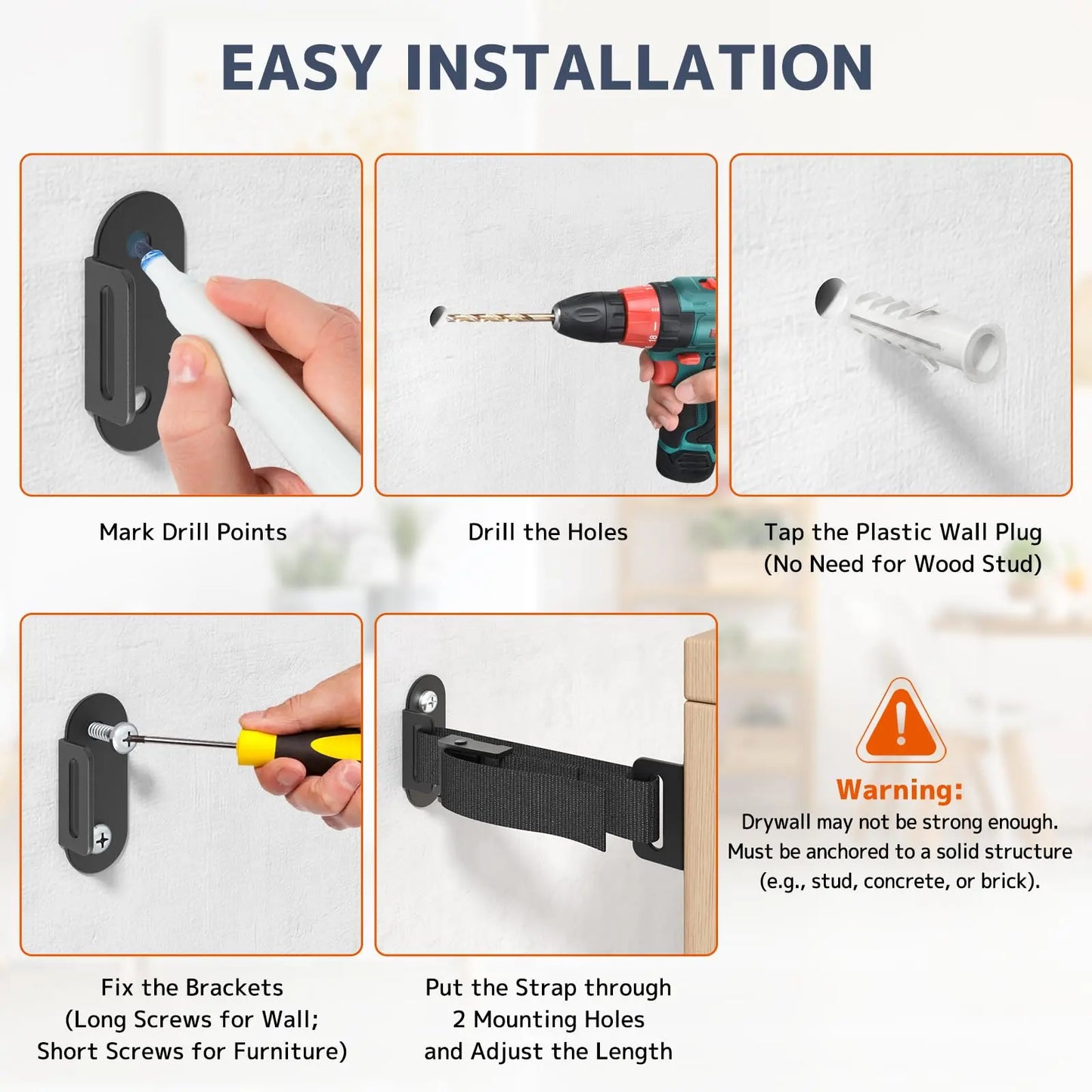 PUTORSEN Anti Tip Furniture Anchors, Heavy Duty Furniture Wall Anchor, Earthquake Proof Wall Anchors for Baby & Pet Safety, Easy Install Adjustable Furniture Safety Kit PUTORSEN