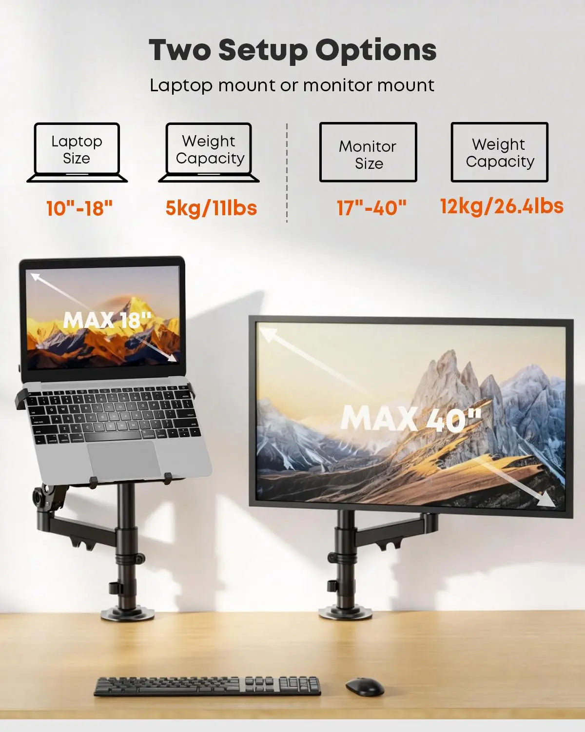 PUTORSEN Bras Support pour PC Portable 18" et Moniteur 17–40", Charge maximale 12 kg, plateau pour ordinateur portable, VESA 75x75/100x100 mm PUTORSEN