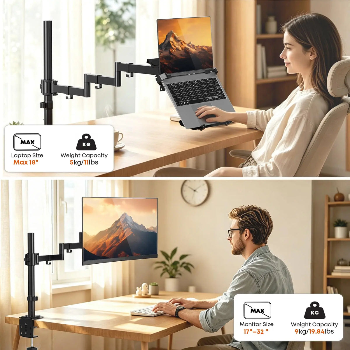 PUTORSEN Brazo 2 en 1 para Portátil 18'' y Monitor 17–32'', brazo largo 711 mm, carga máxima 9 kg, VESA 75x75/100x100 mm, totalmente plegable, bandeja para portátil PUTORSEN