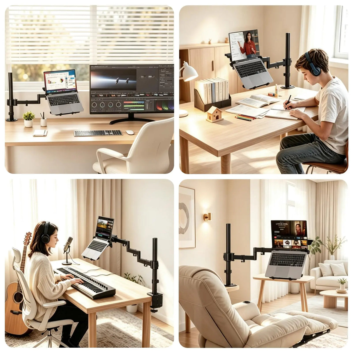 PUTORSEN Brazo 2 en 1 para Portátil 18'' y Monitor 17–32'', brazo largo 711 mm, carga máxima 9 kg, VESA 75x75/100x100 mm, totalmente plegable, bandeja para portátil PUTORSEN
