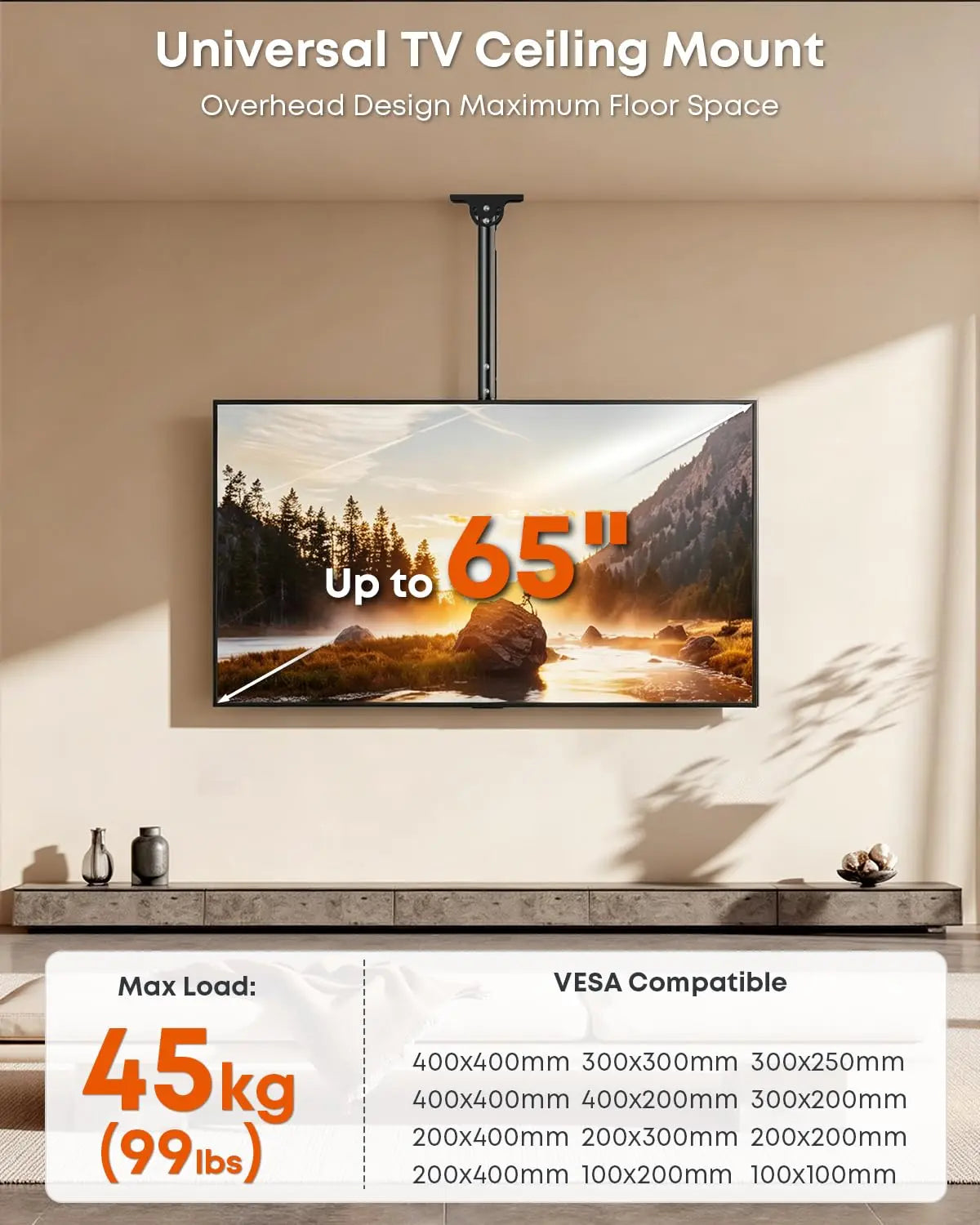 PUTORSEN Ceiling TV Mount for 26–65-Inch TVs, Adjustable Full-Motion Bracket, Max VESA 400x400mm, Black PUTORSEN