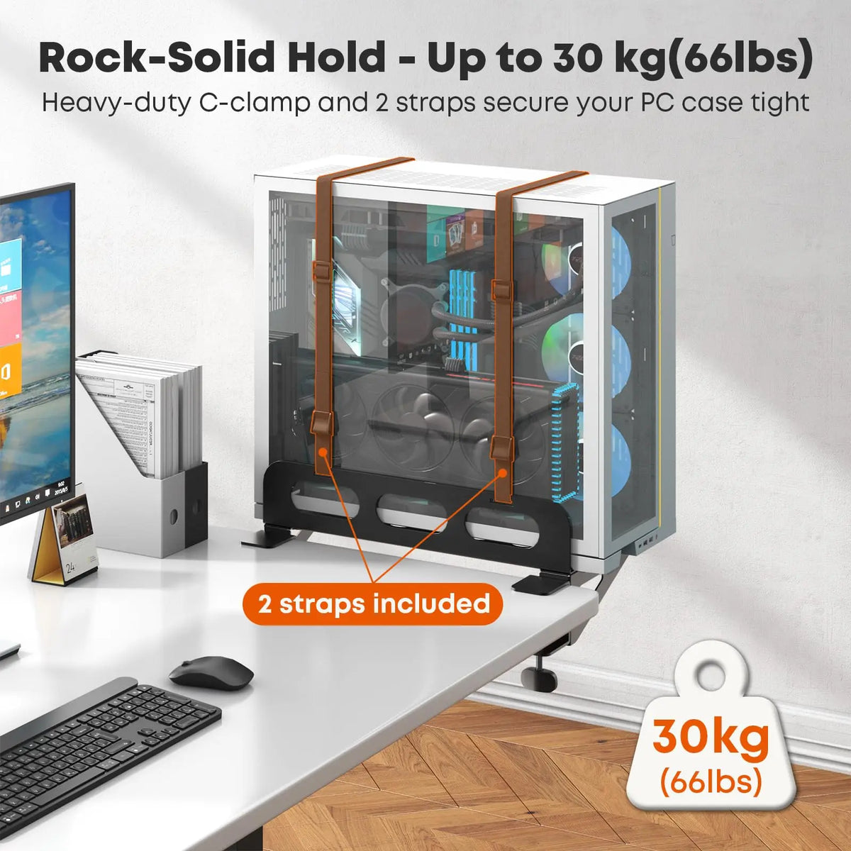 PUTORSEN Clamp-On PC Desk Mount, Heavy-Duty Design Supports Up to 66 lbs, Adjustable Width Desk Extender, Space Saving, Comes with 2 Security Straps and Wall Mount Support PUTORSEN