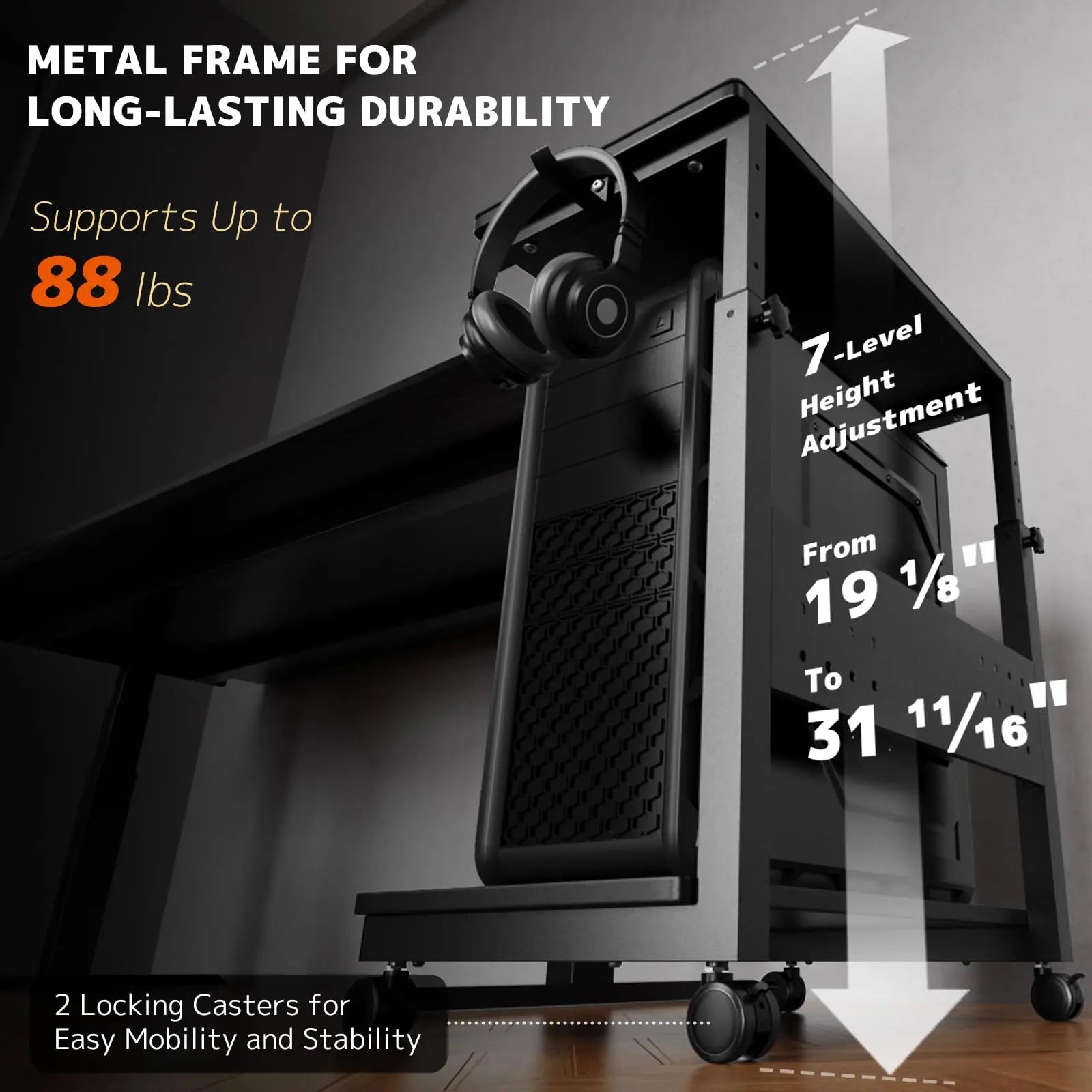 PUTORSEN Computer Tower Stand Cart - 2-Tier CPU Cart with 4 Casters, Rolling Holder with Pegboard & 2 Hooks, Height Adjustable from 19 1/8" to 31 11/16" PUTORSEN