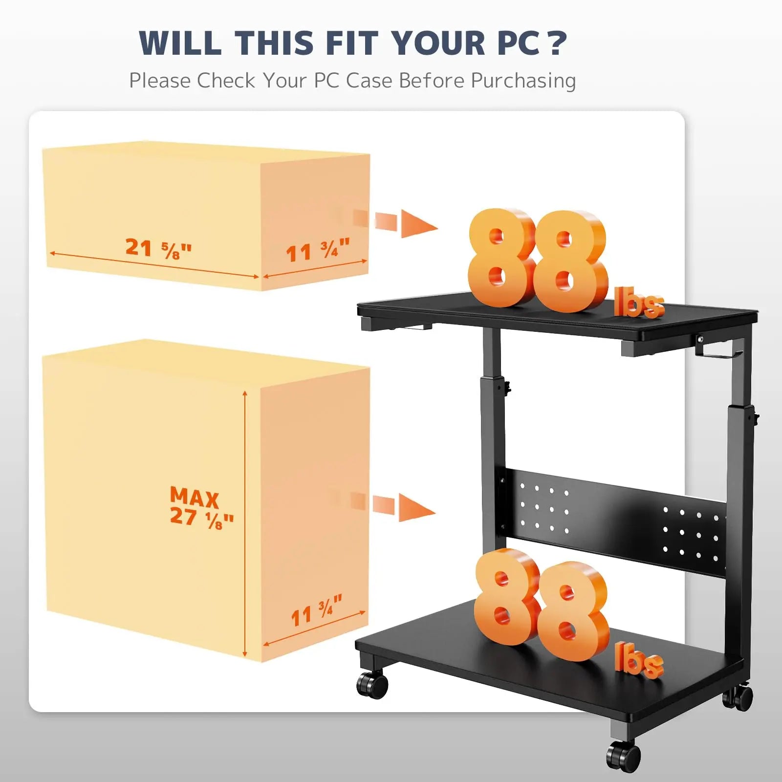 PUTORSEN Computer Tower Stand Cart - 2-Tier CPU Cart with 4 Casters, Rolling Holder with Pegboard & 2 Hooks, Height Adjustable from 19 1/8" to 31 11/16" PUTORSEN