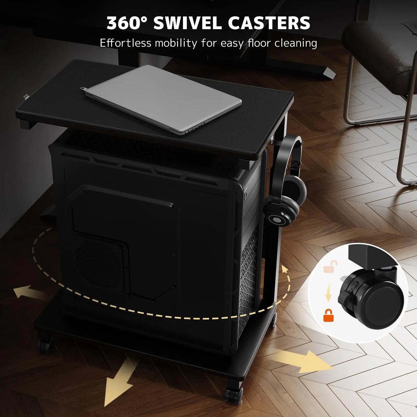 PUTORSEN Computer Tower Stand Cart - 2-Tier CPU Cart with 4 Casters, Rolling Holder with Pegboard & 2 Hooks, Height Adjustable from 19 1/8" to 31 11/16" PUTORSEN