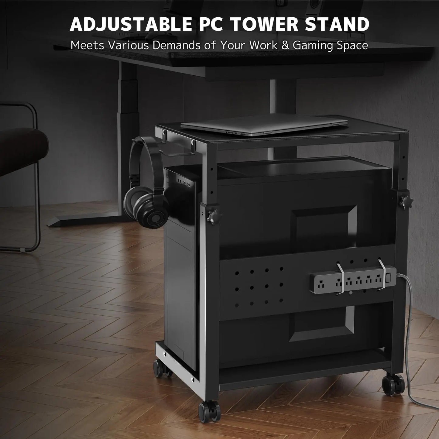 PUTORSEN Computer Tower Stand Cart - 2-Tier CPU Cart with 4 Casters, Rolling Holder with Pegboard & 2 Hooks, Height Adjustable from 20 7/16" to 30 1/4" PUTORSEN