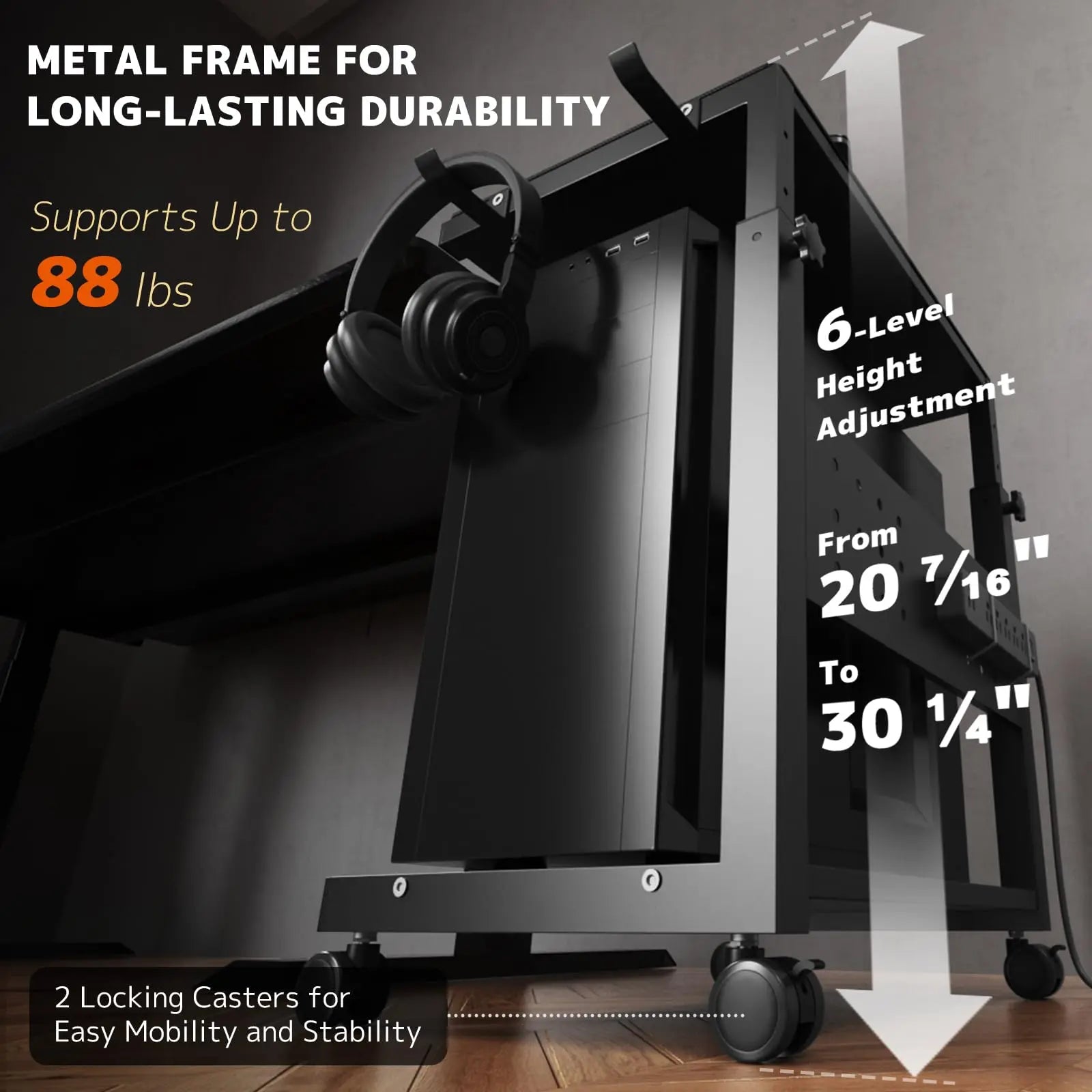 PUTORSEN Computer Tower Stand Cart - 2-Tier CPU Cart with 4 Casters, Rolling Holder with Pegboard & 2 Hooks, Height Adjustable from 20 7/16" to 30 1/4" PUTORSEN