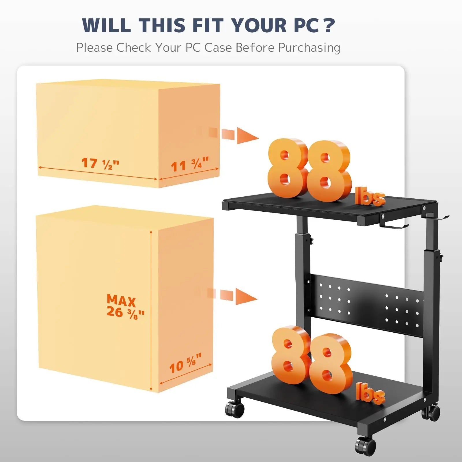 PUTORSEN Computer Tower Stand Cart - 2-Tier CPU Cart with 4 Casters, Rolling Holder with Pegboard & 2 Hooks, Height Adjustable from 20 7/16" to 30 1/4" PUTORSEN
