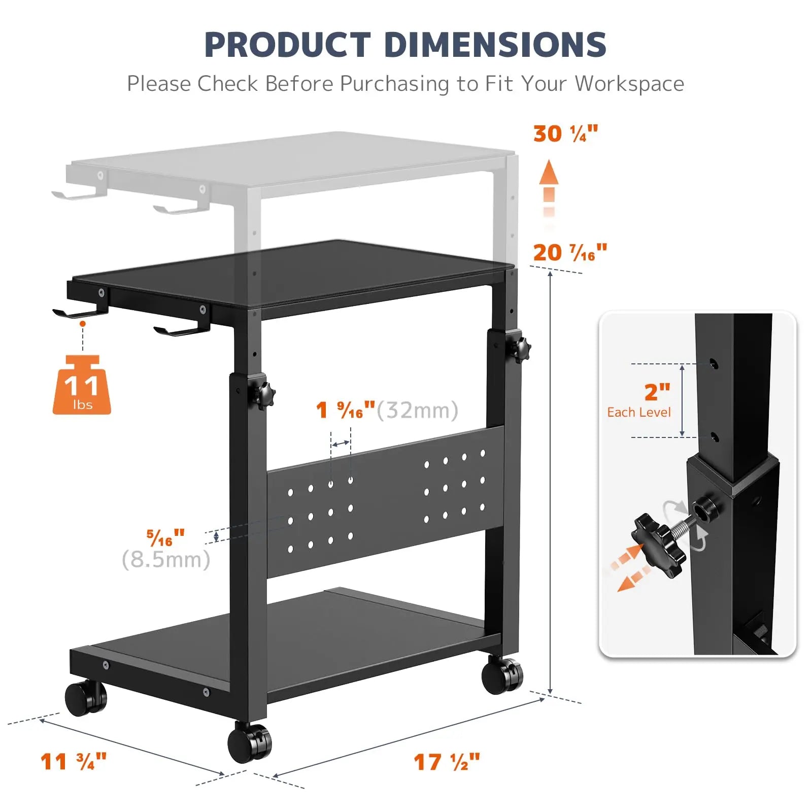 PUTORSEN Computer Tower Stand Cart - 2-Tier CPU Cart with 4 Casters, Rolling Holder with Pegboard & 2 Hooks, Height Adjustable from 20 7/16" to 30 1/4" PUTORSEN