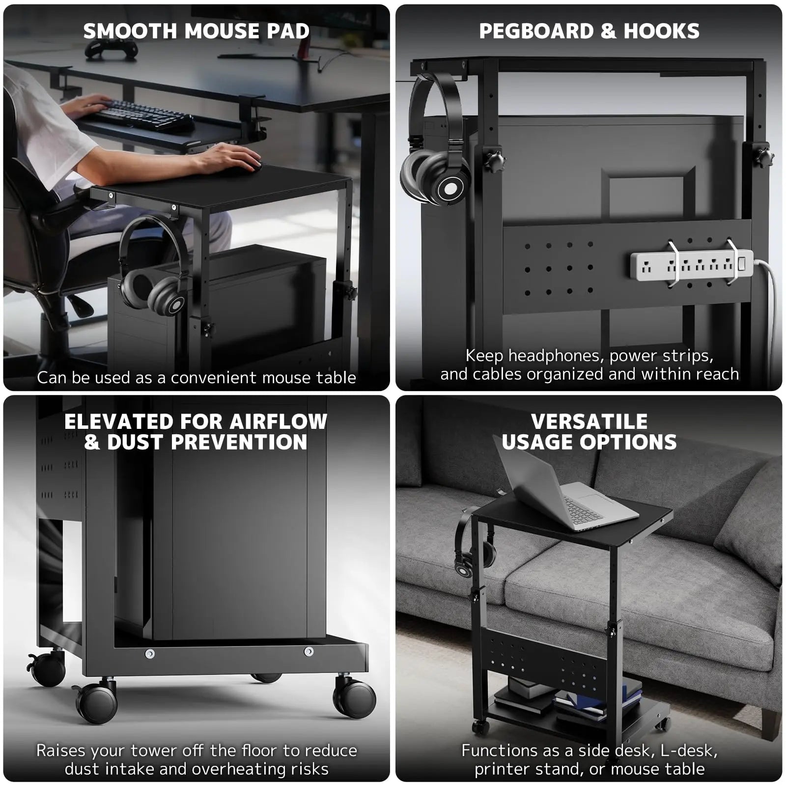 PUTORSEN Computer Tower Stand Cart - 2-Tier CPU Cart with 4 Casters, Rolling Holder with Pegboard & 2 Hooks, Height Adjustable from 20 7/16" to 30 1/4" PUTORSEN