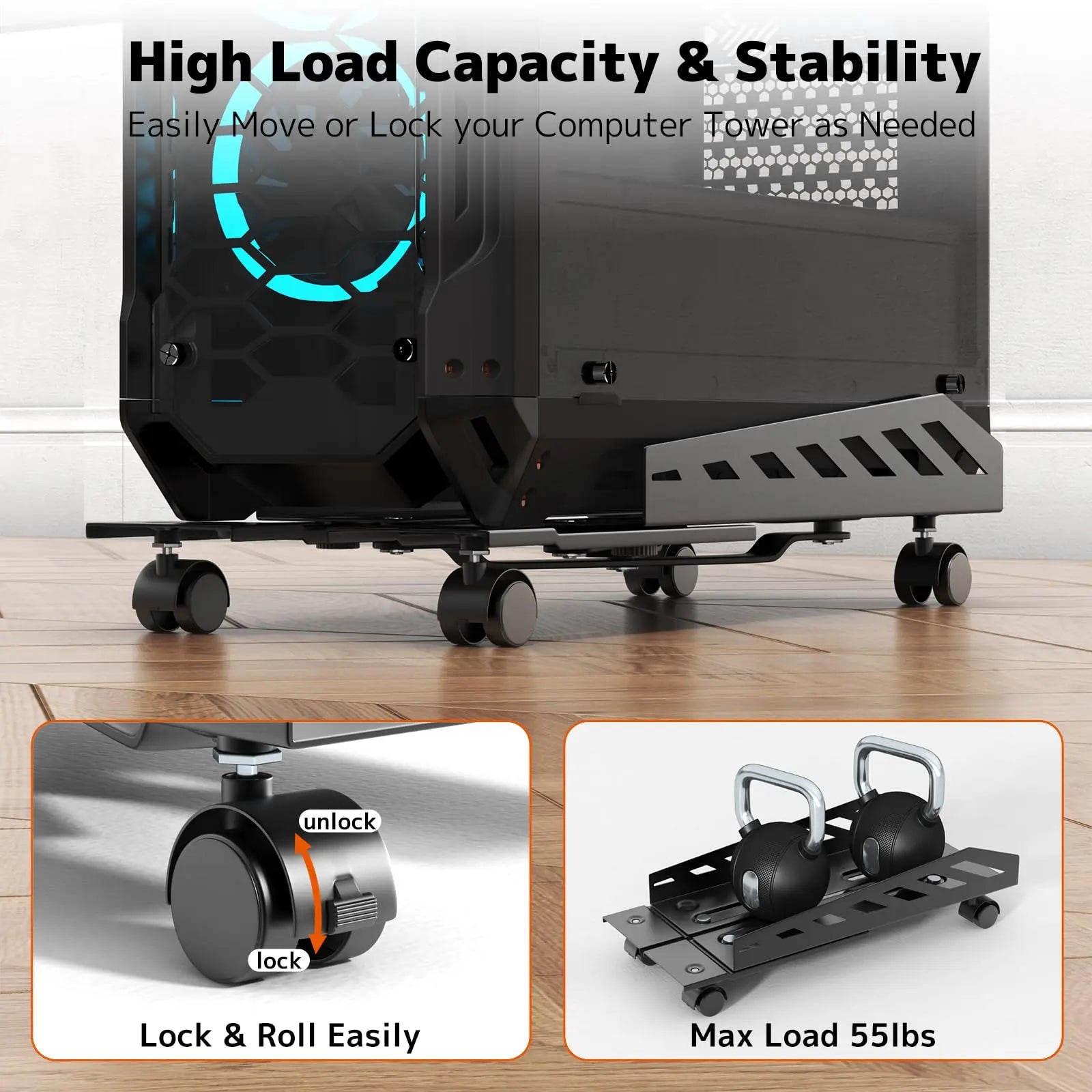 PUTORSEN Computer Tower Stand - Under Desk PC Stand for Floor with Rolling Caster Wheels PUTORSEN