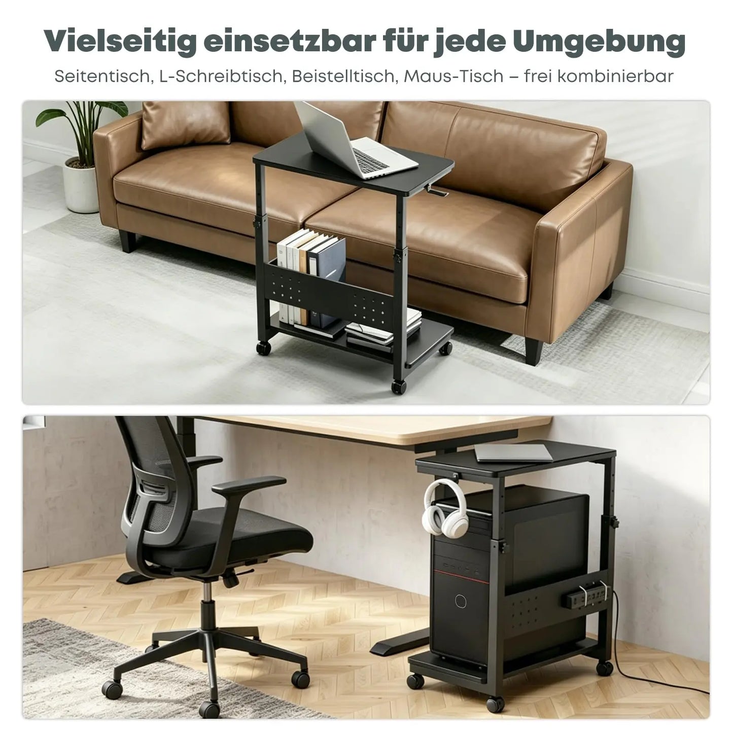 PUTORSEN Computer Tower Ständer mit Rollen - Höhenverstellbar von 50.5 cm bis 80.5 cm, 2 stöckiger PC Ständer mit Rollen und Maus Pad, Max. Belastung pro Ebene 40 kg, Schwarz PUTORSEN
