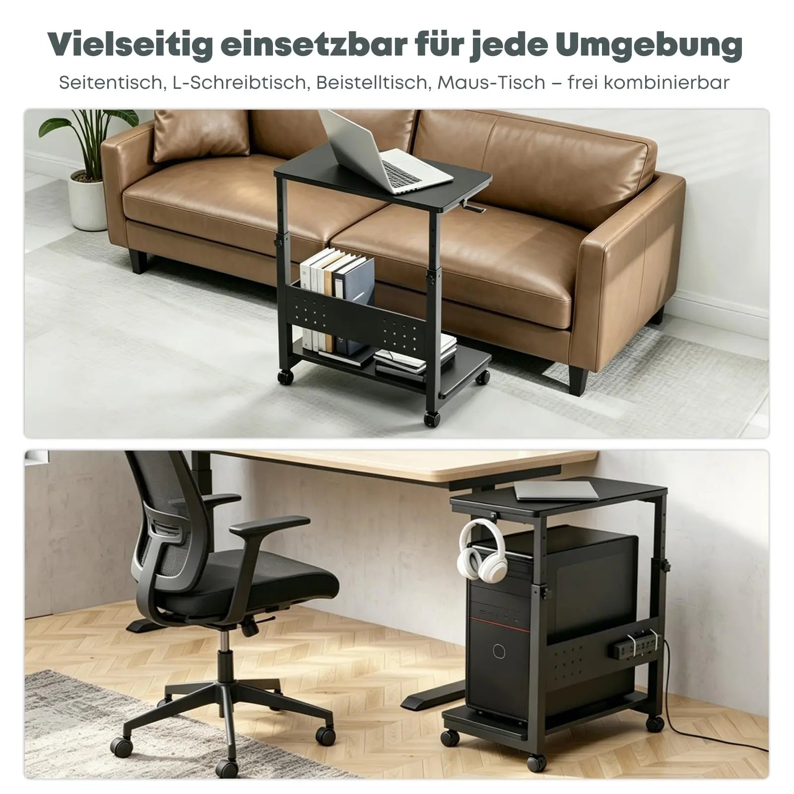 PUTORSEN Computer Tower Ständer mit Rollen - Höhenverstellbar von 50.5 cm bis 80.5 cm, 2 stöckiger PC Ständer mit Rollen und Maus Pad, Max. Belastung pro Ebene 40 kg, Schwarz PUTORSEN