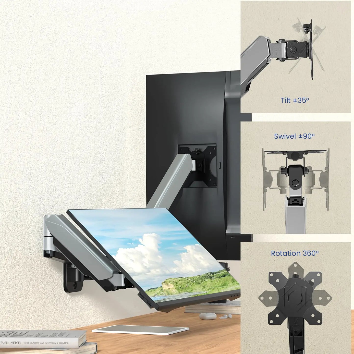 PUTORSEN Dual Monitor Arm Wall Mount Bracket for PC Monitor & TV - To Fit Screens 17 to 32 inches, Ergonomic Adjustable Gas Spring Single Arm Support 9 kg Monitor, VESA 75x75, 100x100 mm PUTORSEN