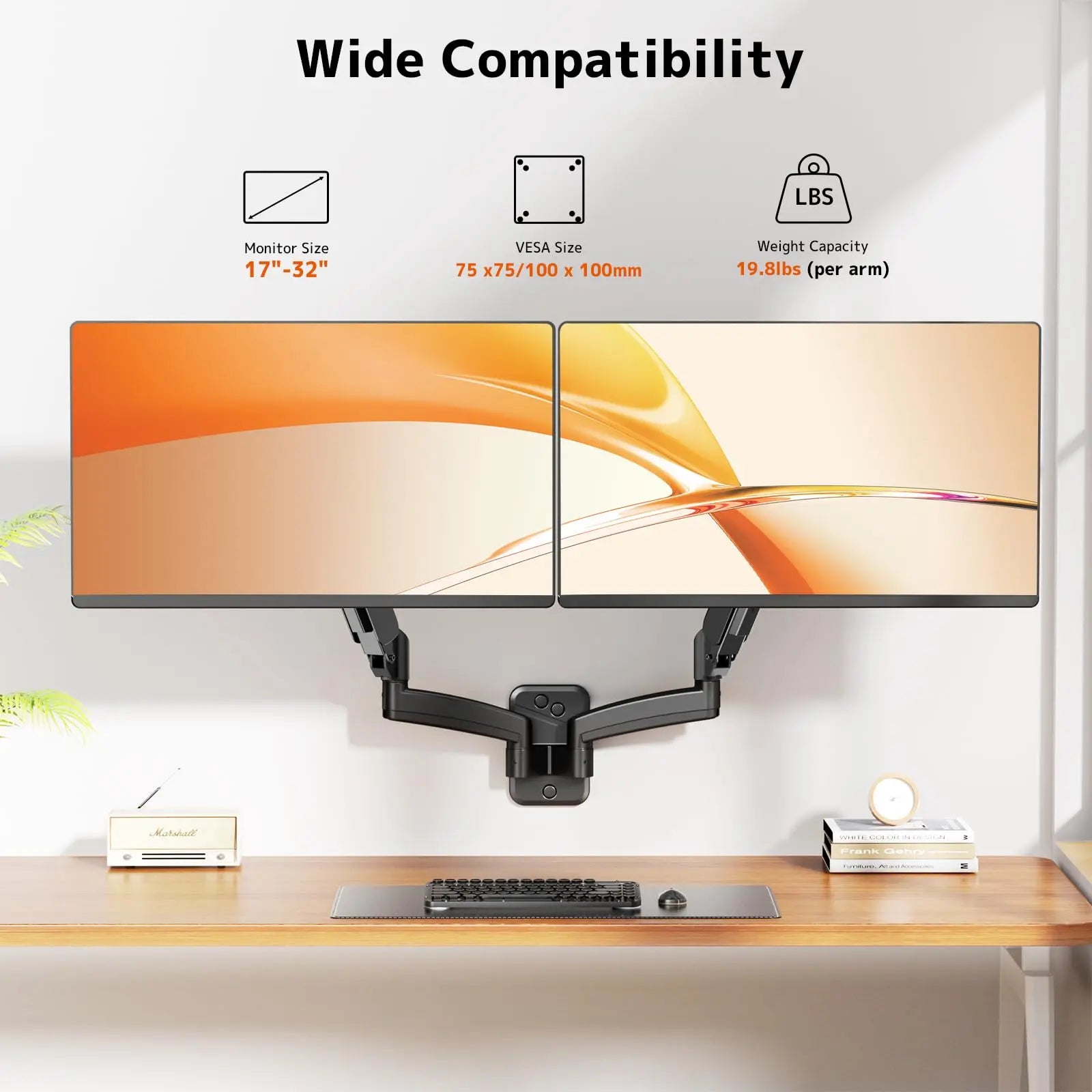 PUTORSEN Dual Monitor Wall Mount for 17-32 inch Flat/Curved Computer Screens, Full Motion Wall Monitor Mount with VESA 75x75/100x100 mm, Each Holds Up to 19.8lbs PUTORSEN