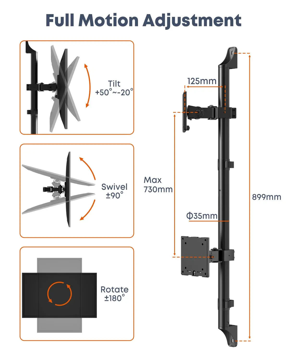 PUTORSEN Dual Monitor Wall Mount for 17–49 Inch Flat & Curved Screens, 44 lbs Per Arm, Heavy Duty, Height Adjustable, VESA 75/100 mm, Black PUTORSEN